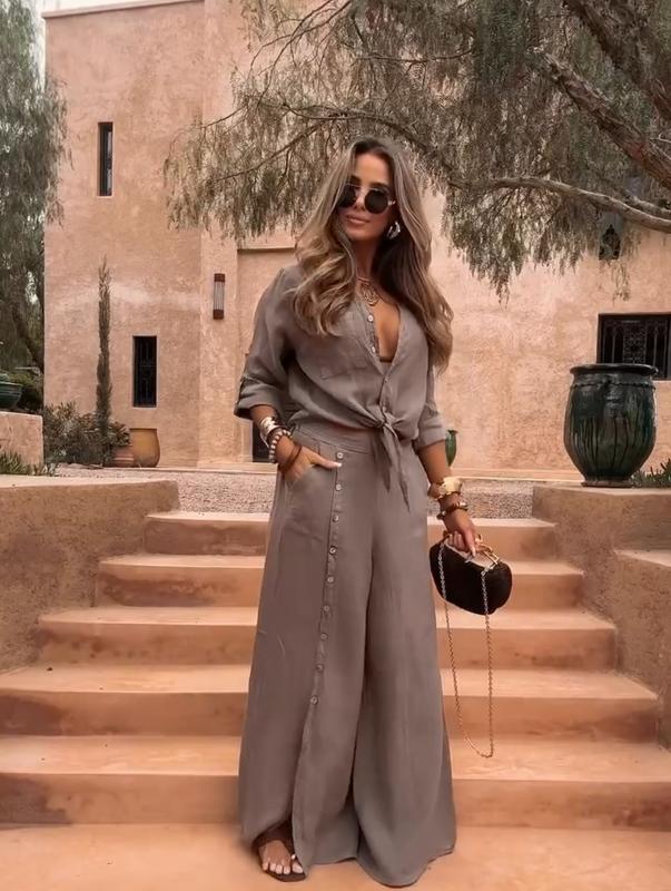 SABANA – Elegante conjunto Bohemio de Camisa y Pantalón con Botones