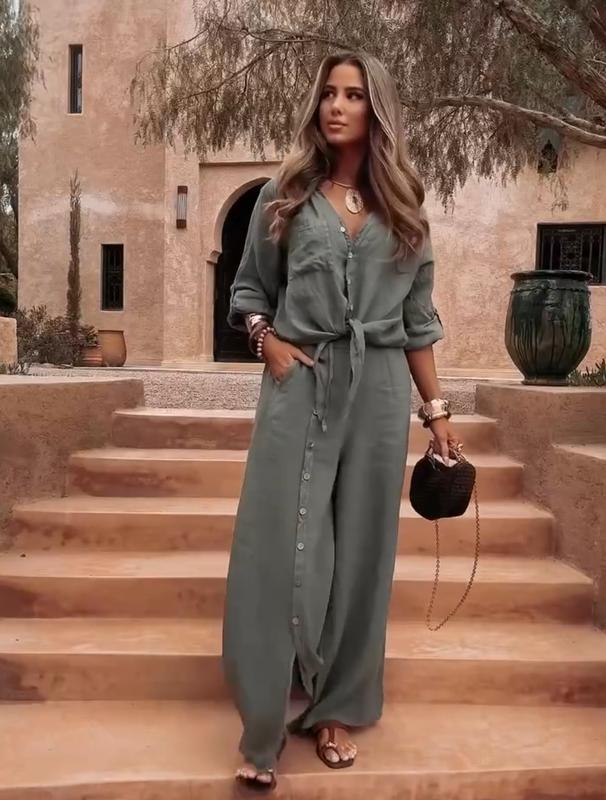 SABANA – Elegante conjunto Bohemio de Camisa y Pantalón con Botones