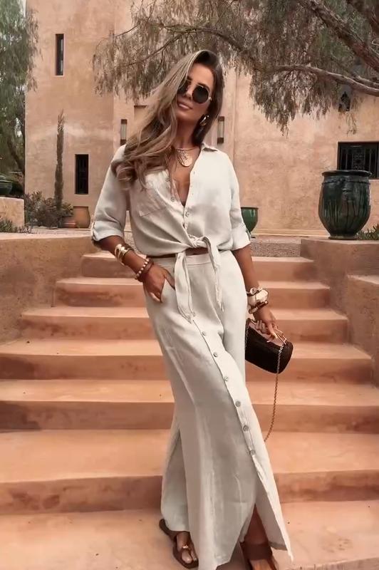 SABANA – Elegante conjunto Bohemio de Camisa y Pantalón con Botones