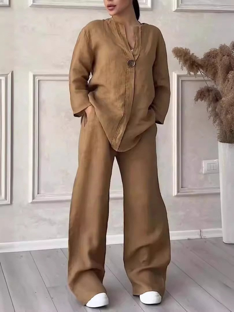 Mireya - Conjunto fluido de dos piezas con botón decorativo