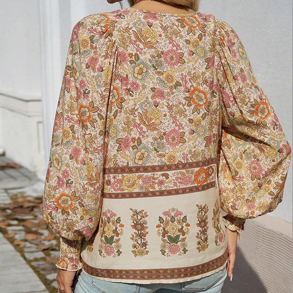 Celine - Blusa femenina de manga larga con cuello en V y estampado floral