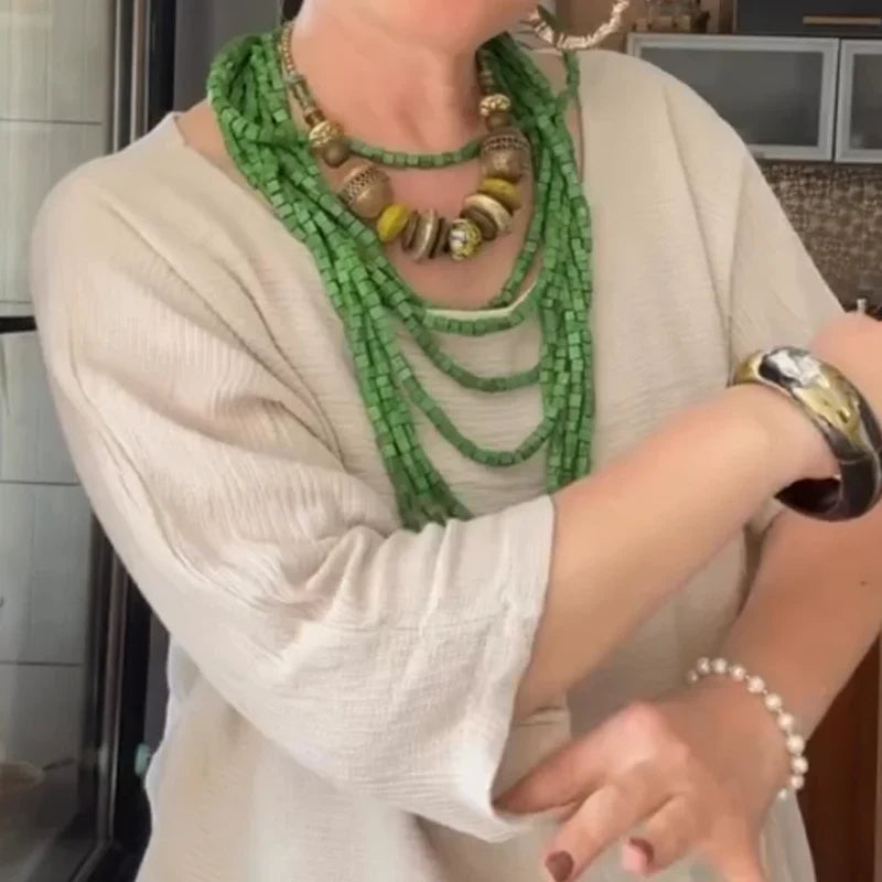 Vega™ Conjunto de dos piezas para mujer cómodo y elegante confeccionado en algodón y lino con blusa y falda de cuello redondo