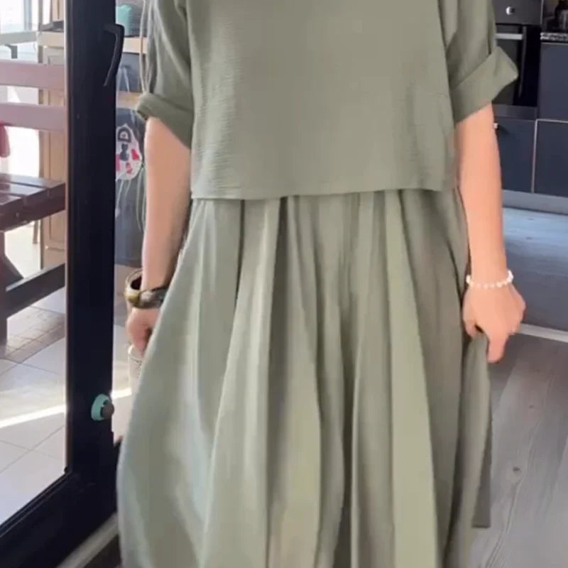 Vega™ Conjunto de dos piezas para mujer cómodo y elegante confeccionado en algodón y lino con blusa y falda de cuello redondo