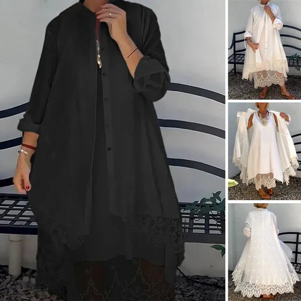 Emma™ | Conjunto bohemio de vestido y cárdigan con encaje delicado