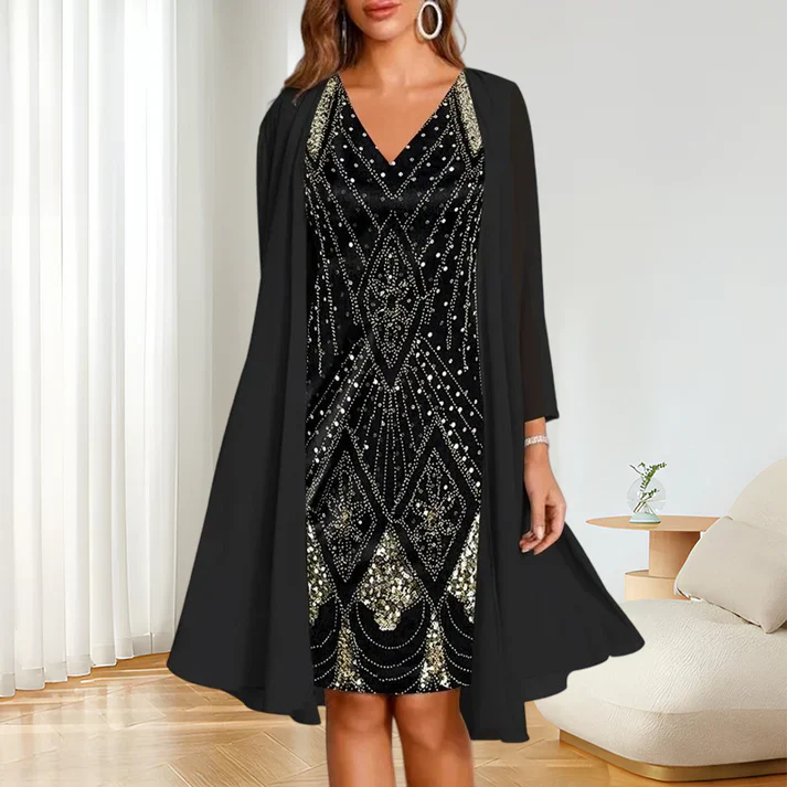 Sofía - Conjunto elegante de vestido con cuello en V y chaqueta de gasa