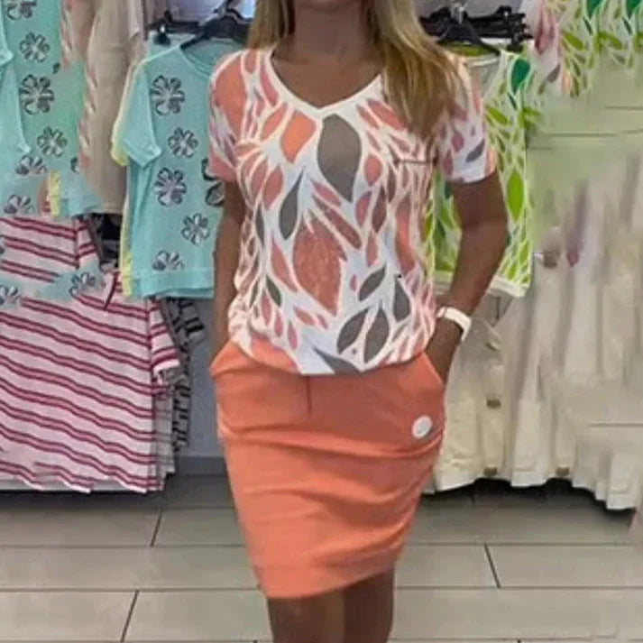 Samira - Conjunto de dos piezas con top estampado y falda elegante