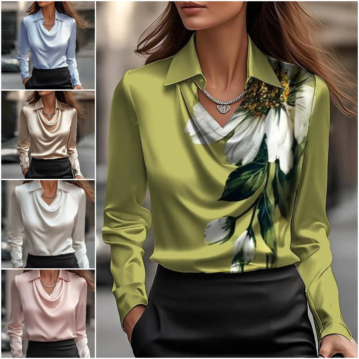 Clara – Blusa Satinada de Cuello Drapeado