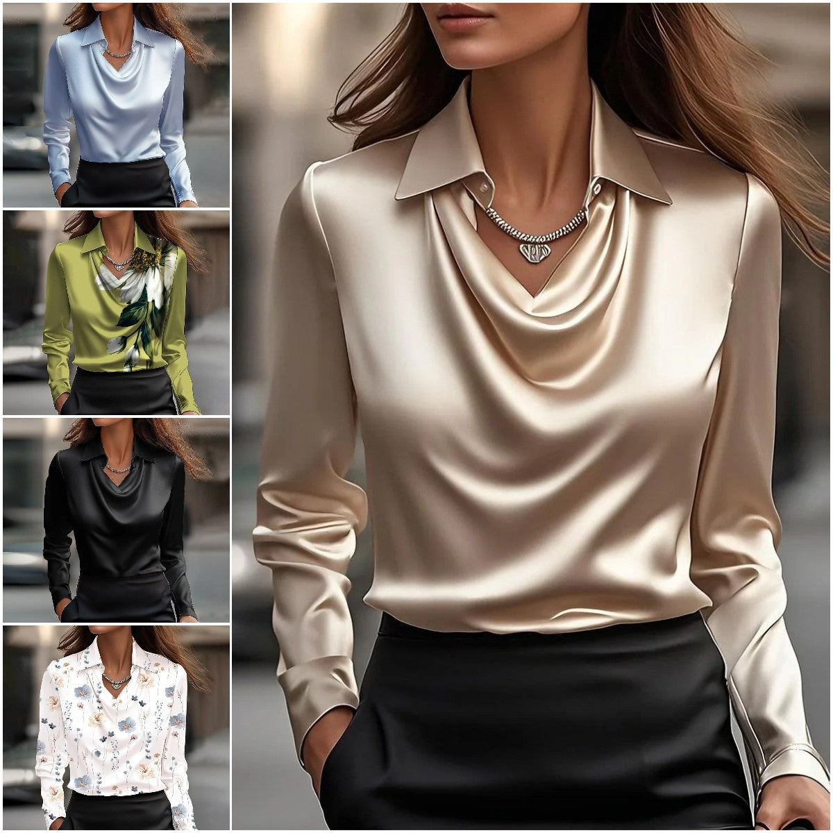 Clara – Blusa Satinada de Cuello Drapeado