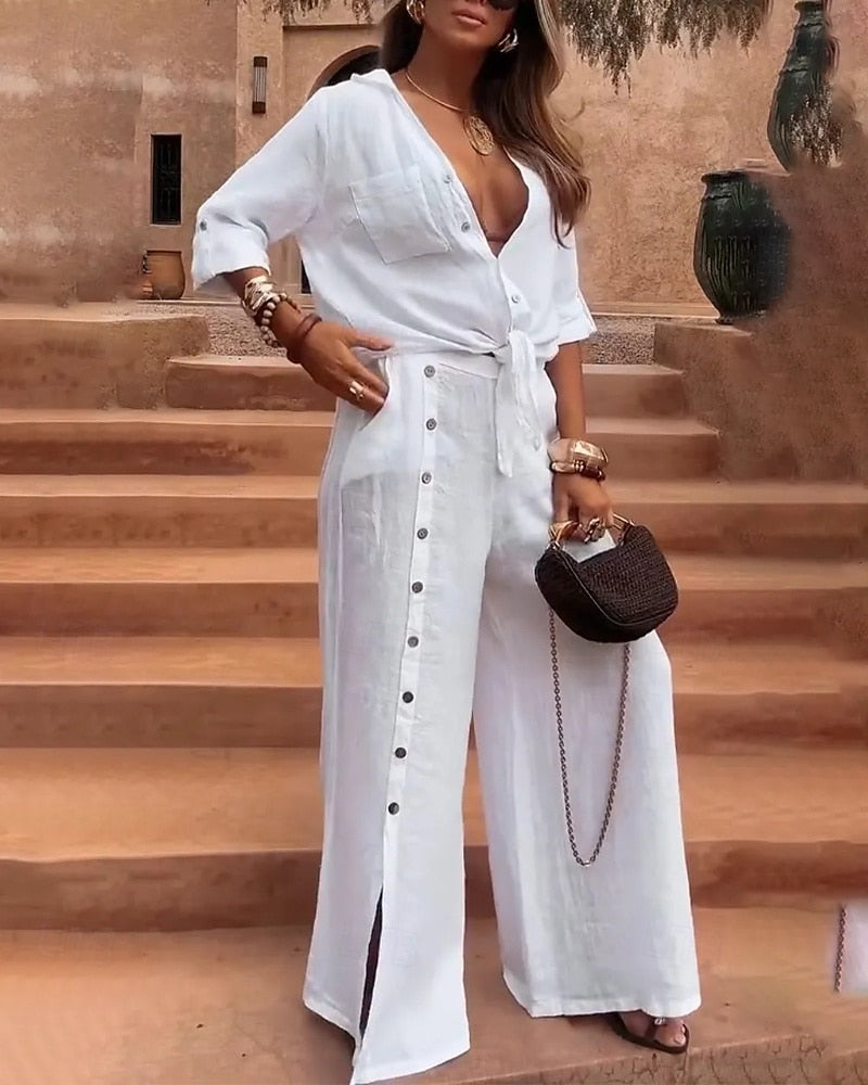 SABANA – Elegante conjunto Bohemio de Camisa y Pantalón con Botones