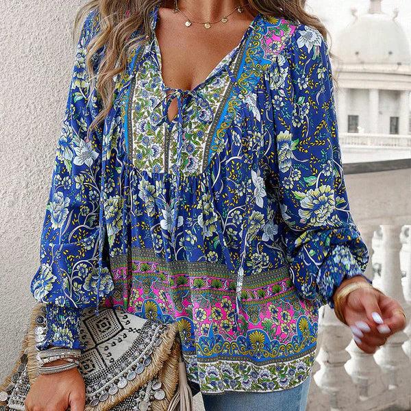 Celine - Blusa femenina de manga larga con cuello en V y estampado floral