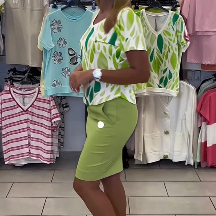 Samira - Conjunto de dos piezas con top estampado y falda elegante