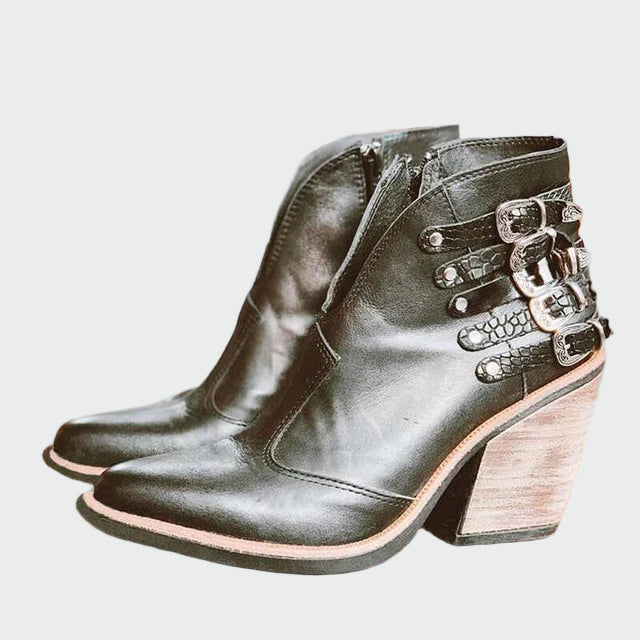 Julia| Botines de Cuero Retro para Mujer en Negro